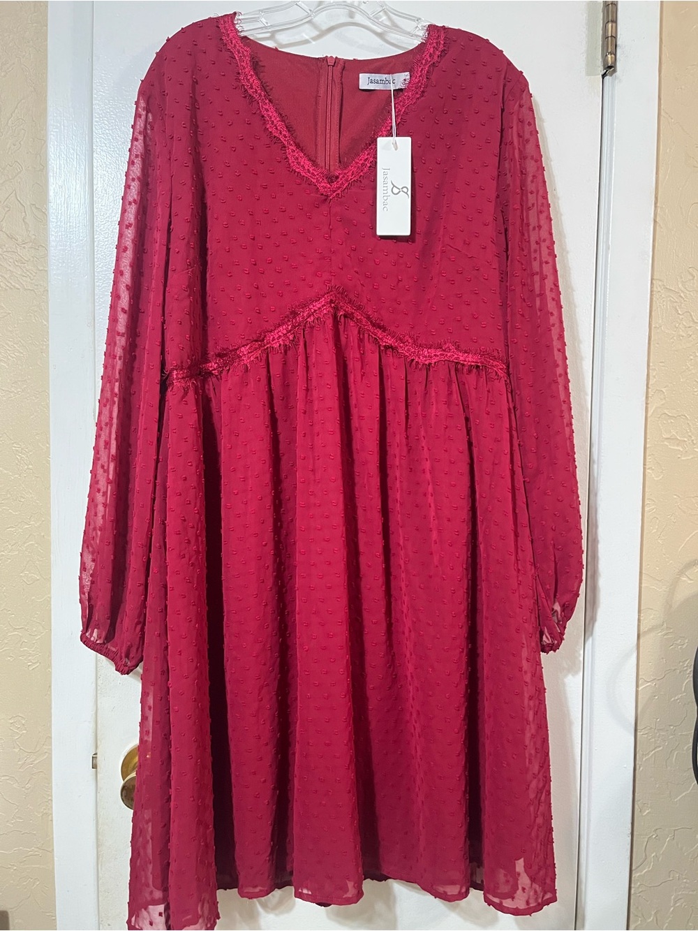 Jasambac New XL Swiss Dot Long-Sleeve Burgandy Dress